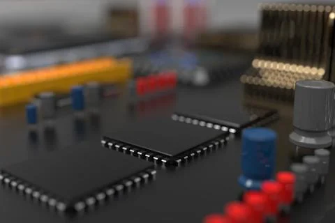 Printed circuit board with microchips, processors and other computer parts. 3 Foto stock