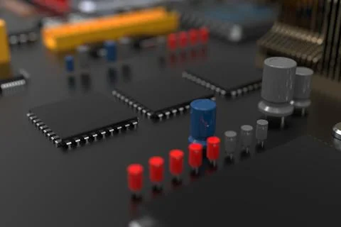 Printed circuit board with microchips, processors and other computer parts. 3 Foto stock