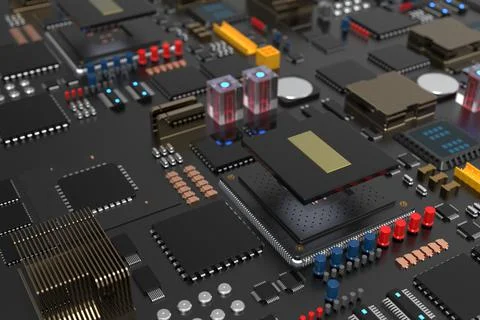 Printed circuit board with microchips, processors and other computer parts. 3 Stock Photos