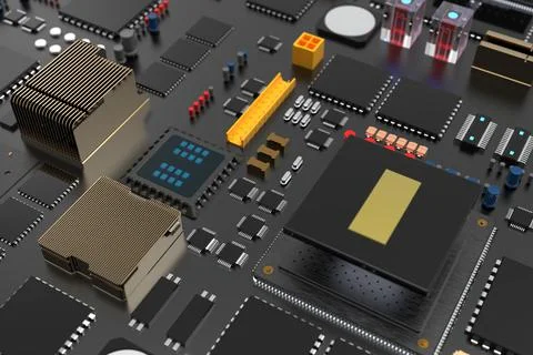Printed circuit board with microchips, processors and other computer parts. 3 Stock Photos