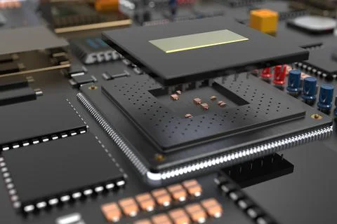 Printed circuit board with microchips, processors and other computer parts. 3 Foto stock