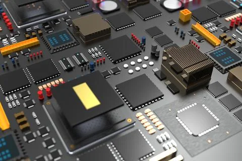 Printed circuit board with microchips, processors and other computer parts. 3 Stock Photos