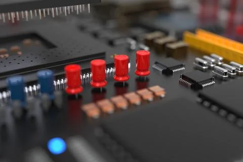 Printed circuit board with microchips, processors and other computer parts. 3 Stock Photos