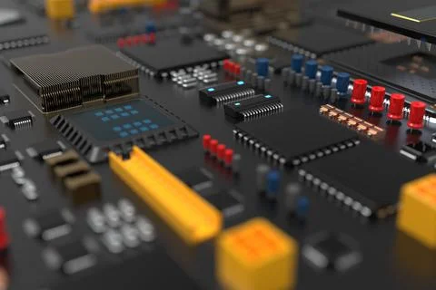 Printed circuit board with microchips, processors and other computer parts. 3 Foto stock