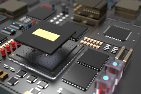 Printed circuit board with microchips, processors and other computer parts. 3 Foto stock