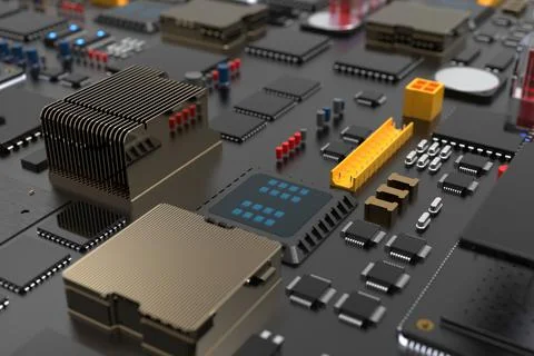 Printed circuit board with microchips, processors and other computer parts. 3 스톡 사진