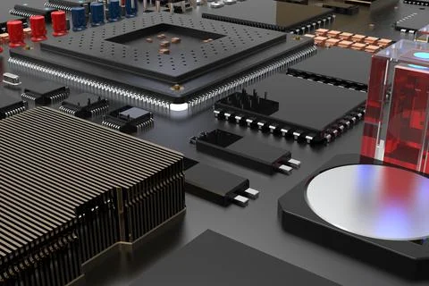 Printed circuit board with microchips, processors and other computer parts. 3 Stock-Fotos