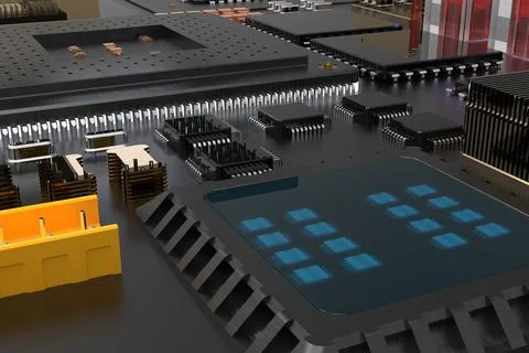 Printed circuit board with microchips, processors and other computer parts. 3 스톡 사진