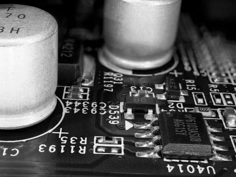 Printed circuit board with microchips, resistors and other electronic resistors Stock Photos
