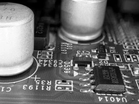 Printed circuit board with microchips, resistors and other electronic resistors Stock Photos