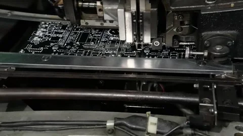 Printed circuit board moving through industrial drilling machine Видео 348694269