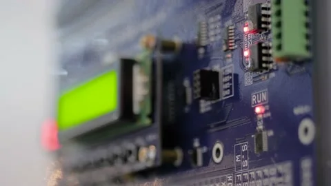 Printed circuit board - pcb for elevator with display module at lift exhibition Stock Footage 143931603