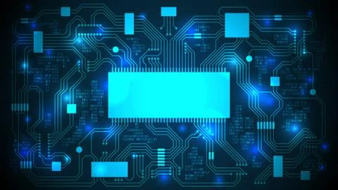 Printed circuit board processor, microchips binary code. High-tech background Illustrazione stock