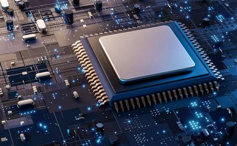 Printed circuit board with a processor, microchips and binary code. Abstract  Stock Illustration