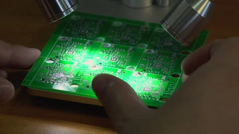 Printed circuit board under the microscope Stock Footage 157758458