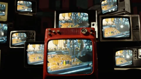 Printed Circuit Boards Assembly and Vintage Televisions. Video stock 164005371
