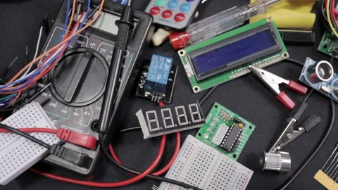 Printed circuit boards, microcircuits and engineering equipment on the table Video stock 136695783