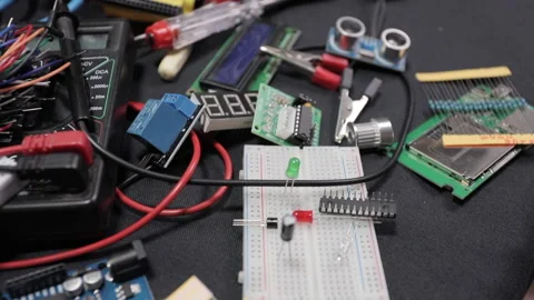 Printed circuit boards, microcircuits and engineering equipment on the table Stock Footage 136696154