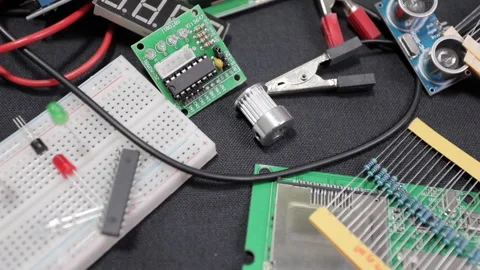 Printed circuit boards, microcircuits and engineering equipment on the table Stock Footage 136697114