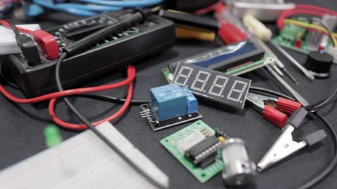 Printed circuit boards, microcircuits and engineering equipment on the table Stock Footage 136698078