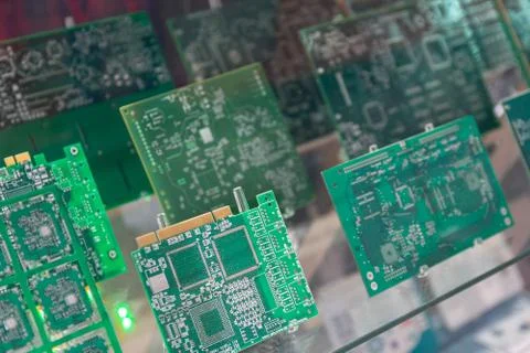 Printed circuit boards on the stand. Electronics Stock Photos