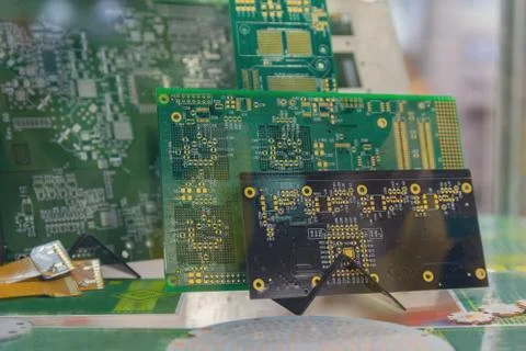 Printed circuit boards on the stand. Electronics Stock Photos