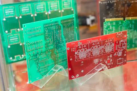 Printed circuit boards on the stand. Electronics Stock Photos