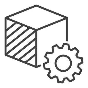 Printed Cube with Cog Wheel vector 3D Printing Technology linear icon or symb Stock Illustration