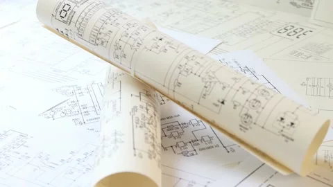 Printed drawings of electrical circuits. Science, technology and electronics. Stock Footage 209145275