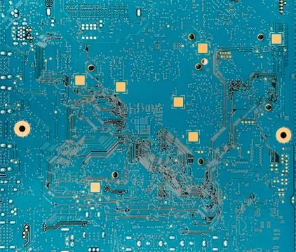 Printed electronic computer board is in blue color, close up. Electronic comp Stock-Fotos