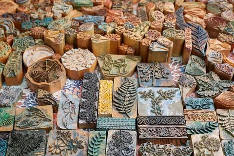 Printed fabric pattern. A modern hobby of old traditional crafts. Stock Photos
