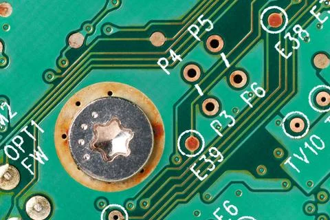 Printed green computer circuit board macrophoto Foto stock