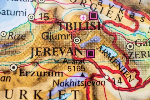 Printed map closeup showing Tbilisi and Yerevan. Stock Photos