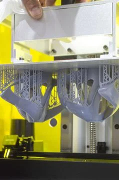 Printed models on 3D printer close-up. Objects printed on photopolymer sla Stock Photos