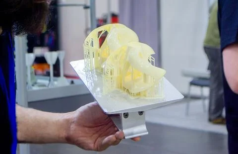 Printed models on 3D printer close-up. Objects printed on photopolymer sla 3D Stock Photos