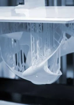 Printed models on 3D printer close-up. Objects printed on photopolymer sla 3D Stock Photos
