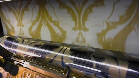 Printed press at the wallpaper factory, the process of producing wallpaper Stock Footage 106371868