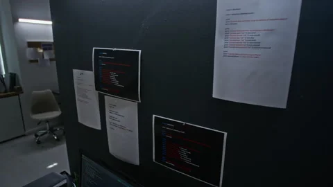 Printed Programming Code Sheets Pinned on Board in Tech Office 스톡 동영상 348374784