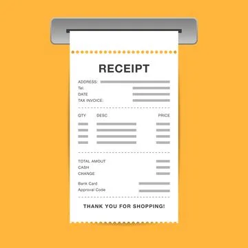 Printed Receipt Emerging from Thermal Printer on Yellow Background Stock Illustration