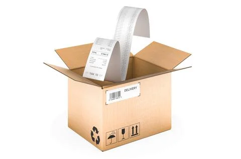 Printed receipt inside parcel, order and delivery concept. 3D rendering Stock Illustration