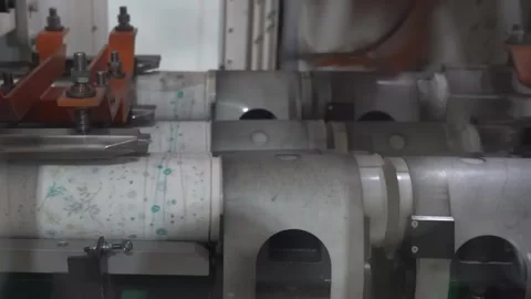 Printed tissue paper roll running through an embossing roller machine in Stock Footage 340901910