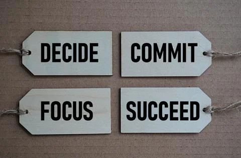 Printed wooden card decide commit focus succeed. Self-inspiration Stock Photos