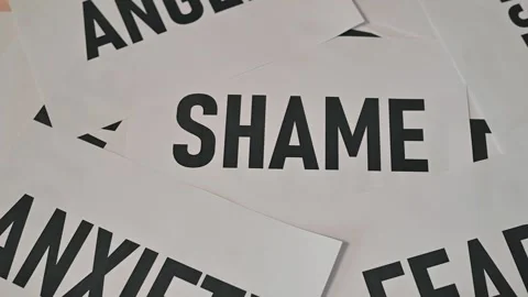 Printed words representing different emotions and mental states laid out in a Stock Footage 338188234