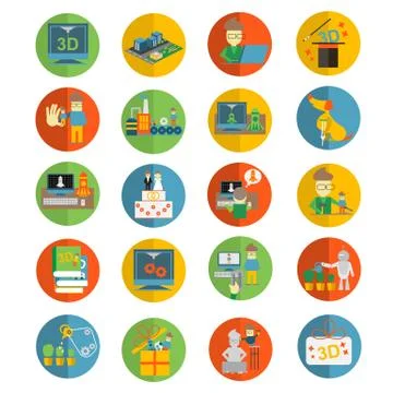 Printer 3d flat icons set for Sculpturing, creation of figurines and souvenirs Stock Illustration