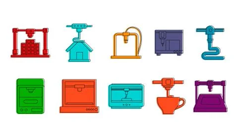 Printer 3d icon set, color outline style Stock Illustration