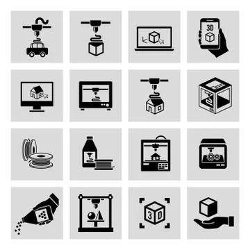 Printer 3d icons set Stock Illustration