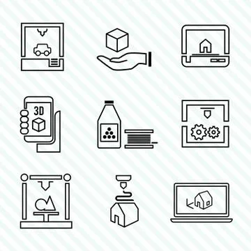Printer 3d icons set 스톡 일러스트