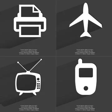 Printer, Airplane, Retro TV, Mobile phone icon sign. Set of Symbols with Flat Stock Illustration