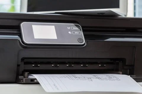 Printer and computer. Office table Stock Photos