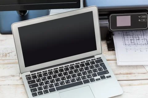 Printer and computer. Office table Stock Photos